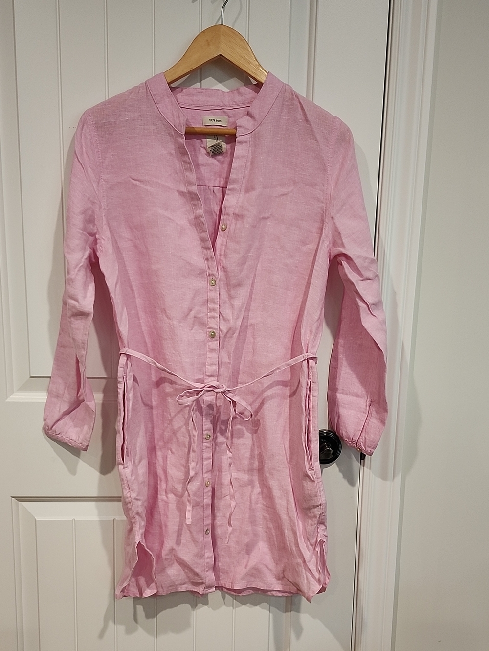 Light Pink Linen Tie-Waist Shirt Dress